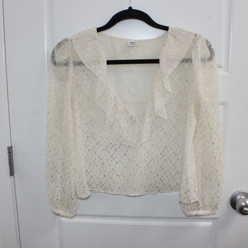 3/$30 Aritzia Sunday Best Sheer Cream Cropped Blouse Gold Accents XS Ruffles